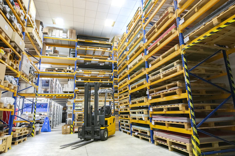 Forklift in a distribution warehouse aisle stacked with pallet racking